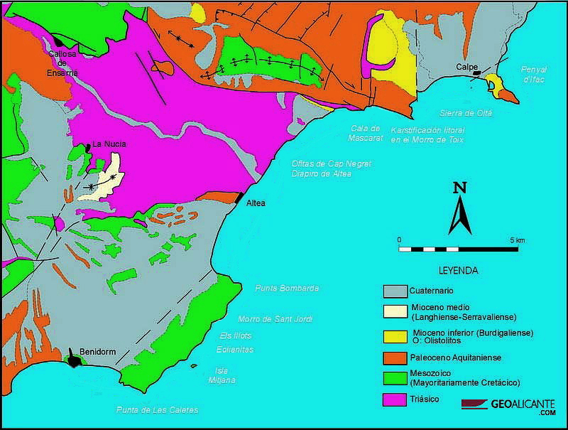 Mapa geológico esquemático de Las Marinas (GeoAlicante - D. de C. de la Tierra y del Medio ambiente UA, adaptado)