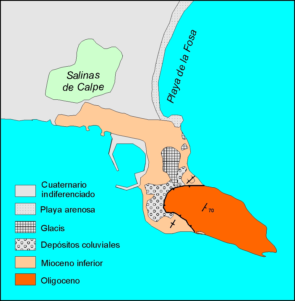Mapa geológico esquemático del Penyal d'Ifac (D. de C. de la Tierra y del Medio ambiente UA)