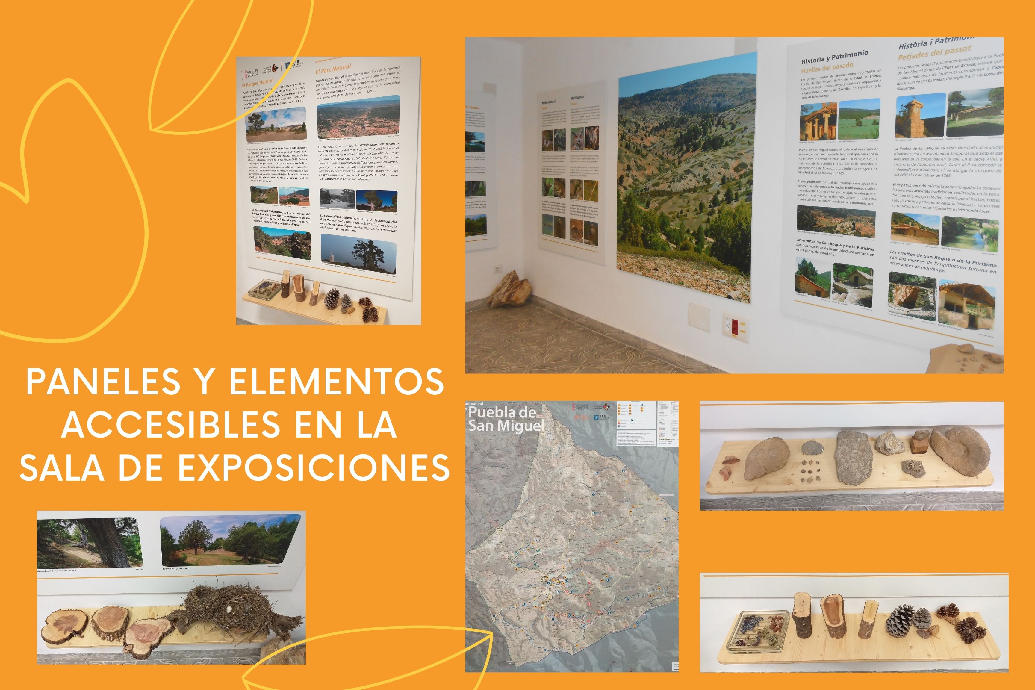 Imágen con elementos existentes en la Sala de Exposiciones: paneles, mapas, tocones de árboles, fósiles...